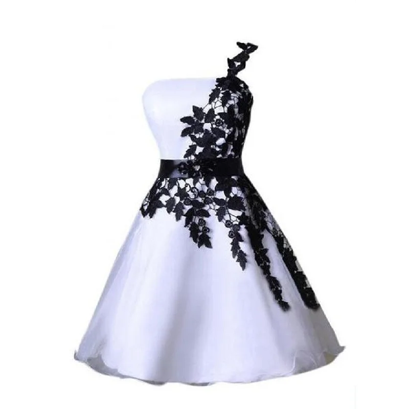 classic prom dressesOne shoulder black lace Cute short homecoming prom dresses, CM0007