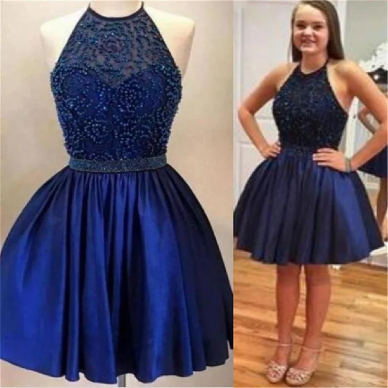 prom dresses for curve-hugging figuresHalter backless Royal Blue Beaded homecoming prom dresses, CM0026