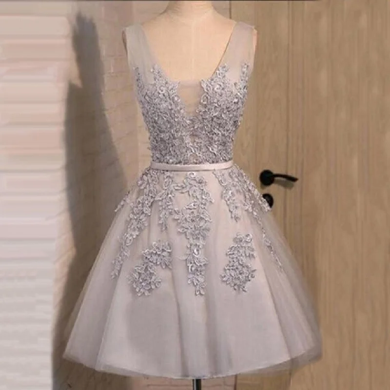 prom dresses for pear shapesOff shoulder Grey lace Cute Tulle homecoming prom dresses, CM0023