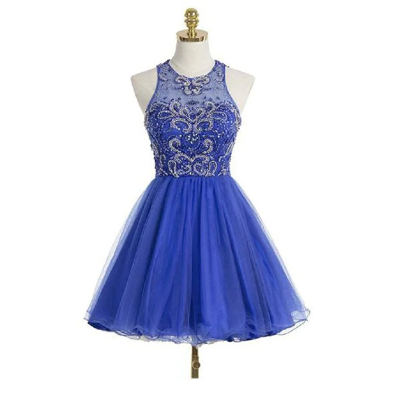 prom dresses with lace appliquésRoyal Blue Sexy Open back Halter Beaded homecoming prom dresses, CM0021