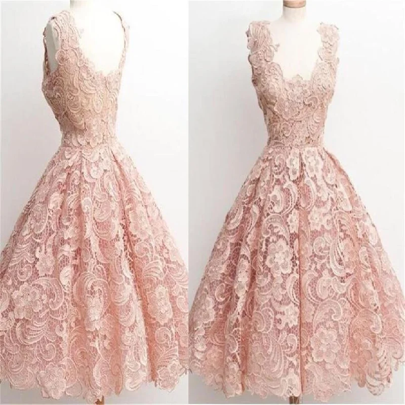 prom dress color trendsPeach Lace Scoop Neckline Short Cute homecoming prom dresses, CM0009