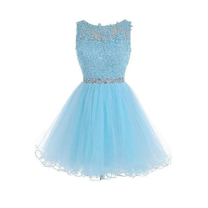 prom dresses with sheer overlaysSexy Open back Light Blue lace Tulle homecoming prom dresses, CM0020