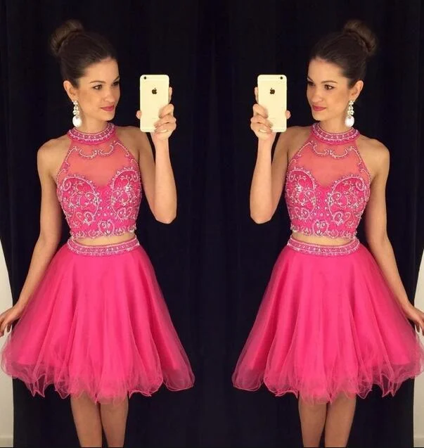 prom dresses for winterSexy Two Pieces Beaded Hot Pink Halter homecoming prom dresses, CM0016