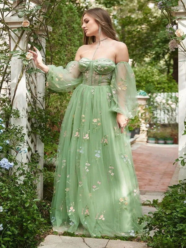 prom dress inspiration galleriesCorset Green Floral A-line Prom Dresses With Detachable Sleeves, Popular 2023 Prom Dresses, Beachy Prom Dresses