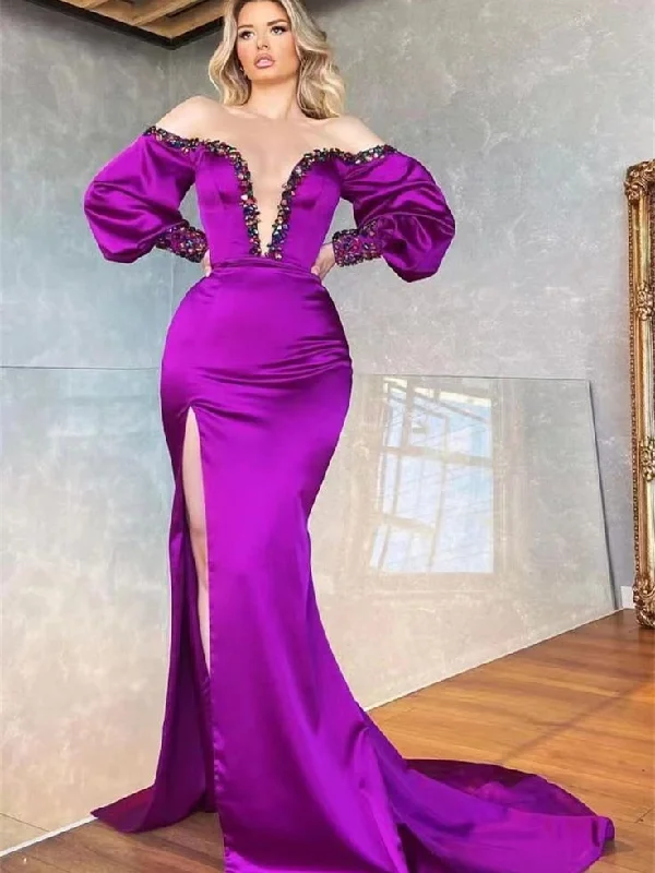 glamorous prom dressesDeep V-neck Bubble Sleeves Soft Satin Prom Dresses With Gorgeous Rhinestone Neckline, Mermaid Prom Dresses, 2023 Prom Dresses