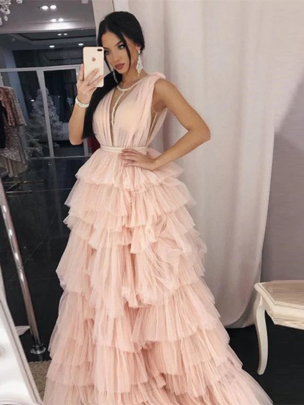 prom dresses for summerDeep V-neck Layers of Tulle Prom Dresses, Long Prom Dresses, Affordable Prom Dresses, 2021 Prom Dresses