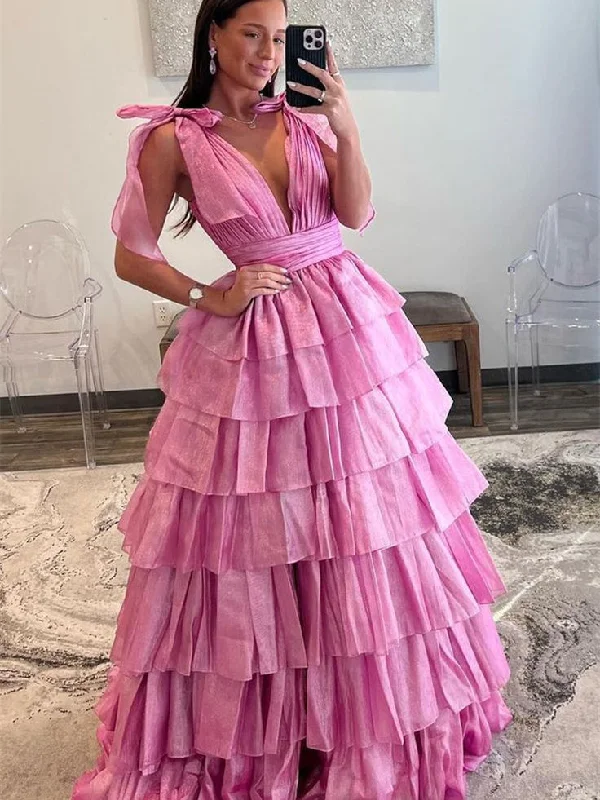 luxury prom dressesDeep V-neck Pink Cake Skirt Dresses, Ruffled Style Long Prom Dresses, Princess Dresses, 2024 Prom Dresses