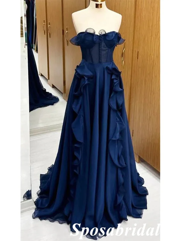 flutter sleeve prom dressesElegant Dark-Navy Sweetheart A-Line Prom Dresses With Ruffles, PD3860