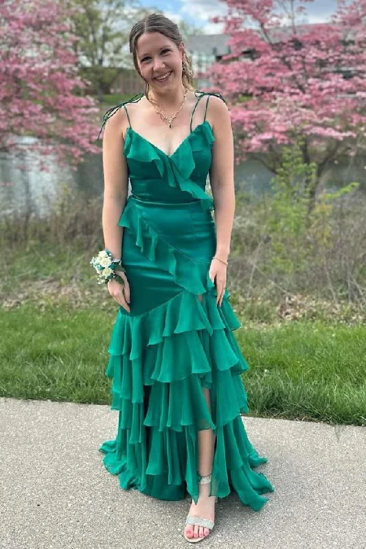 prom dresses with trainsEmerald Green V-Neck Ruffle Long Prom Dress with Slit