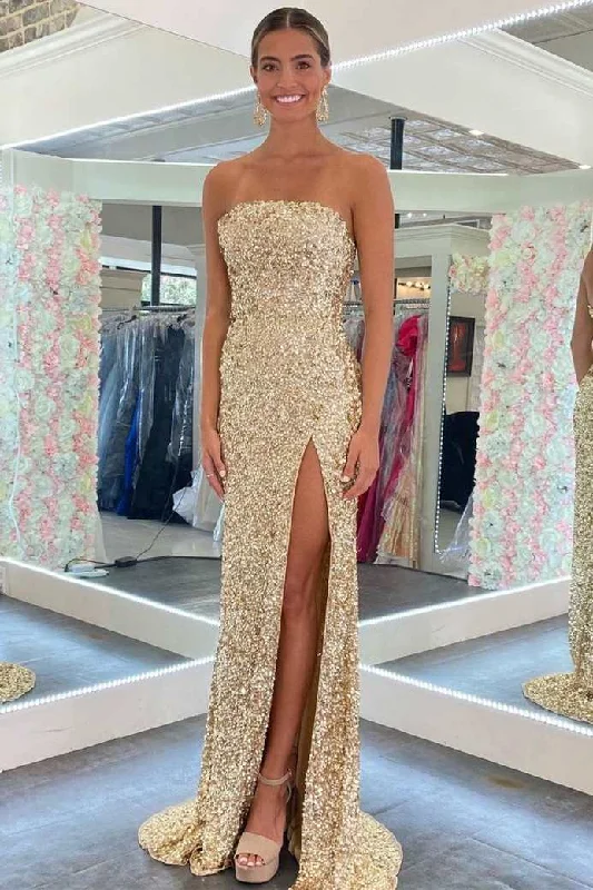 backless prom dressesGold Sequin Strapless Backless Mermaid Long Prom Dress with Slit