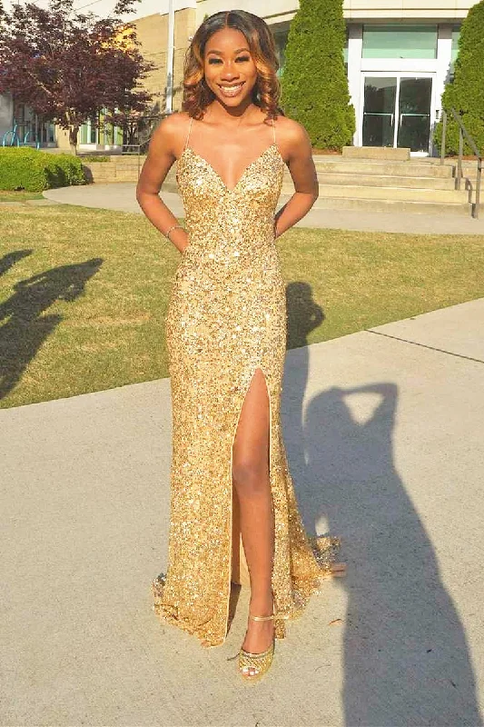 open-back prom dressesGold Sequin V-Neck Spaghetti Strap Mermaid Prom Dress