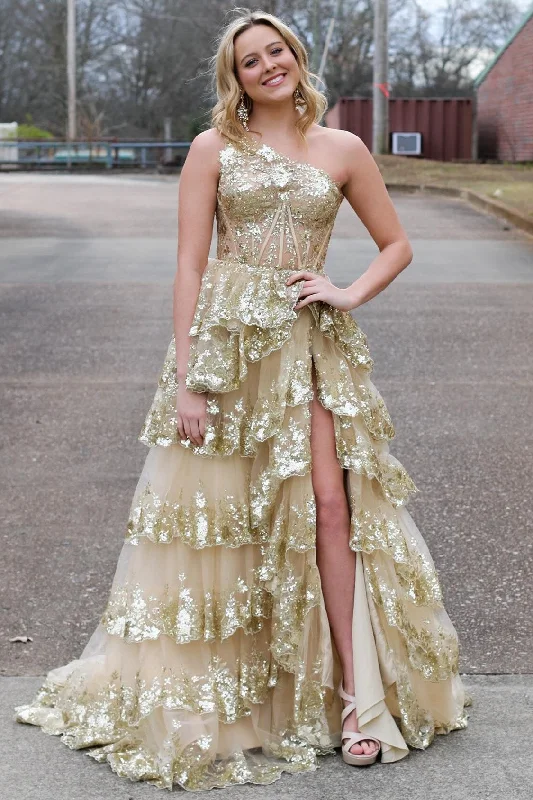 plus-size prom dressesGold Tulle Sequin One-Shoulder Ruffle Long Prom Dress with Slit