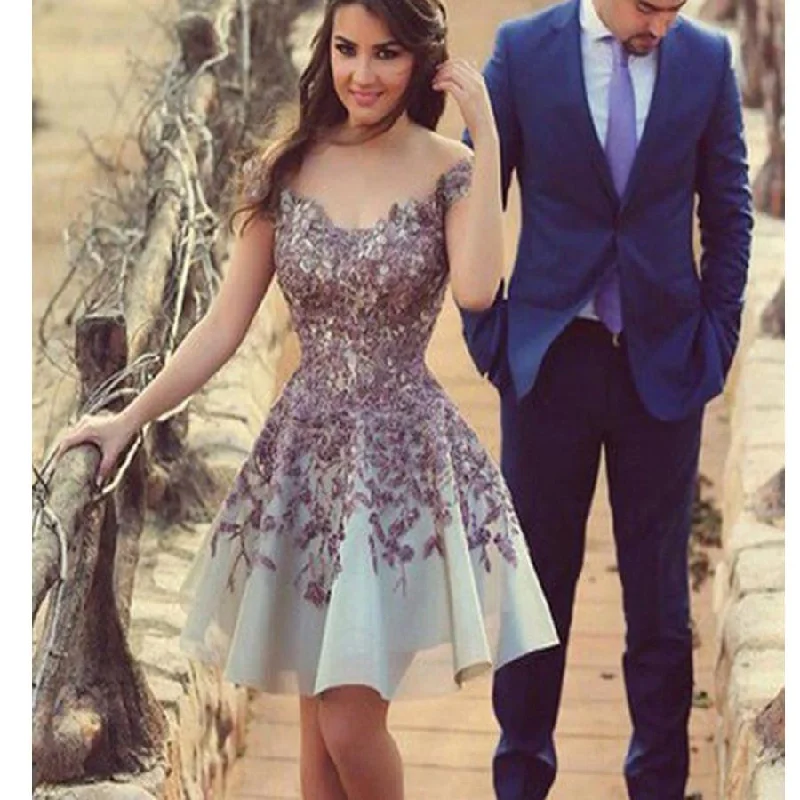 budget-friendly prom dresses A-line Gorgeous Short with purple appliques casual junior homecoming prom dress,BD00121