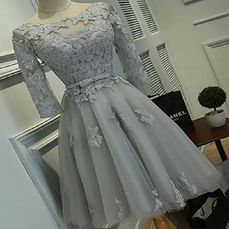 metallic prom dressesGrey lace tight simple lovely with half sleeve elegant homecoming prom gown dress,BD00123