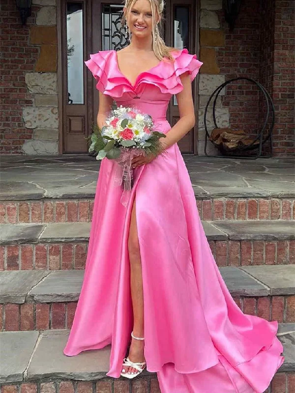 animal print prom dressesHot Pink Ruffled Satin Prom Dresses, Long Prom Dresses, Princess Dresses, 2024 Prom Dresses