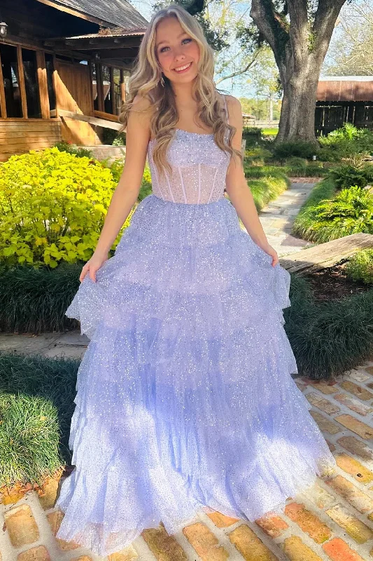 prom dresses for hourglass figuresLavender Tulle Sequin Ruffle Tiered Long Prom Dress