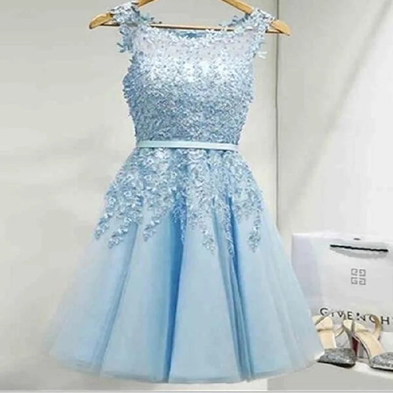 spaghetti strap prom dressesLight blue appliques lace see through lovely freshman homecoming prom gown dress,BD00109