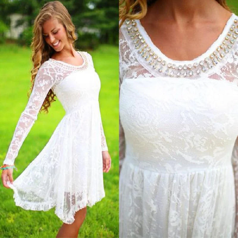 illusion neckline prom dressesLong sleeve white see through lace simple beaded cheap homecoming prom gown dress,BD00134