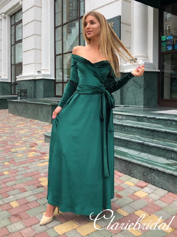 elegant prom dressesLong Sleeves Green Velvet Long Homecoming Dresses, Prom Dresses