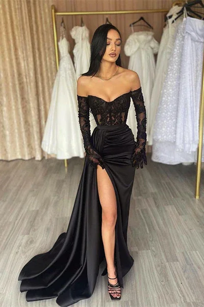 prom dresses for summerOff Shoulder Black Lace Satin Gown, High Side Slit Sexy Prom Dresses Long Prom Dresses, Newest Prom Dresses