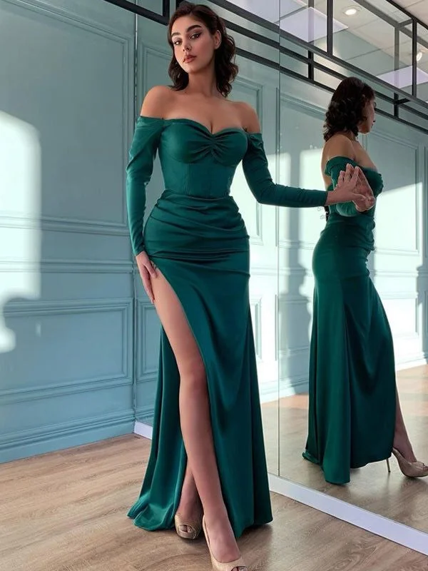 classic prom dressesOff Shoulder Long Sleeves Emerald Green Prom Dresses, High Side Slit Prom Dresses, Sexy Sheath Prom Dresses, Newest Prom Dresses