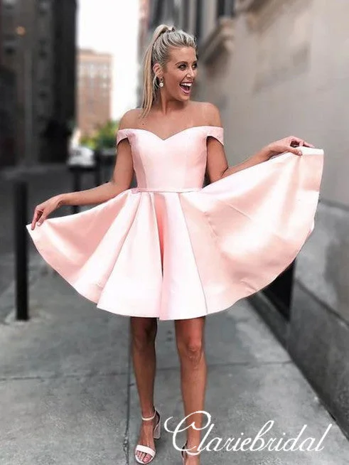 spaghetti strap prom dressesOff Shoulder Pink Homecoming Dresses, Short Prom Dresses