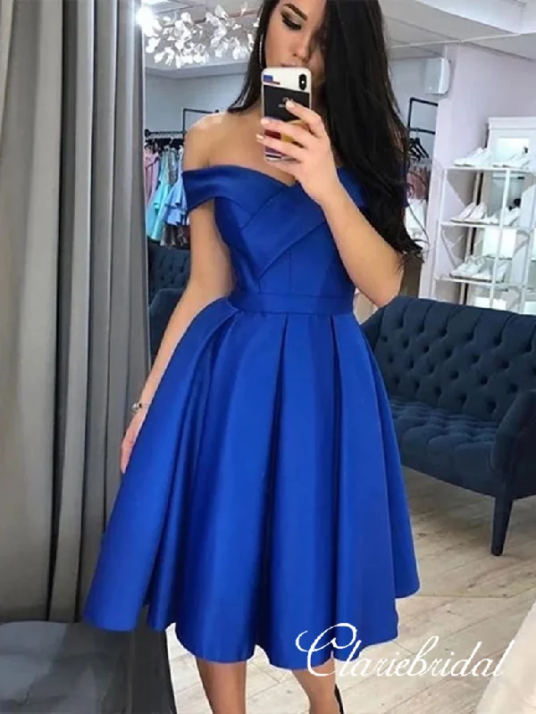 prom dresses with sheer overlaysOff Shoulder Royal Blue Homecoming Dresses, Satin Short Prom Dresses