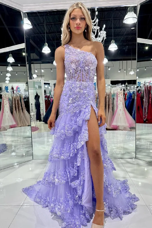 bespoke prom dressesOne-Shoulder Sequin-Embroidery Tiered Long Prom Dress with Slit