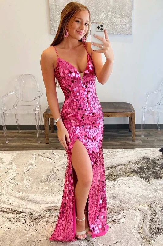 mini prom dressesPink Oval Glass Mirror V-Neck Long Prom Dress with Slit