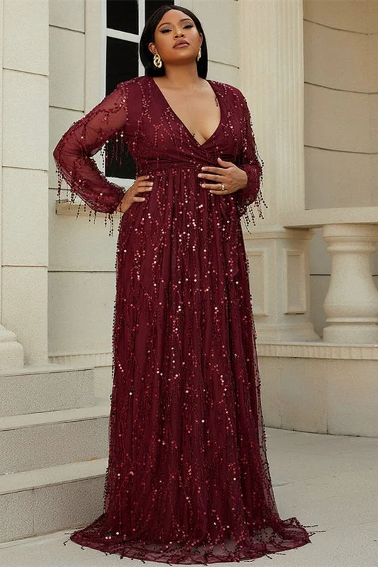 prom dresses with beaded accentsPlus Size Wine Red Fringes V-Neck Long Sleeve A-Line Prom Dress