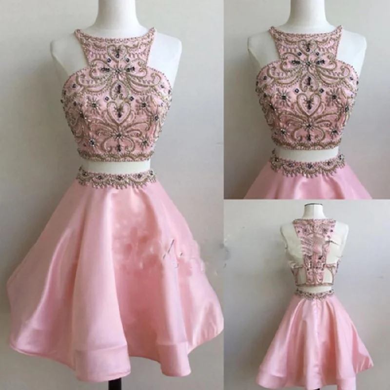 sleeveless prom dressesPopular pink Stunning Two pieces unique cocktail homecoming prom gown gowns dress,BD00113