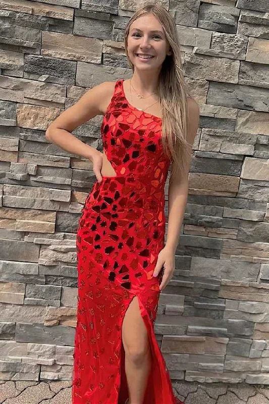 two-piece prom dressesRed Cut Glass Mirror One-Shoulder Cutout Long Prom Dress with Slit