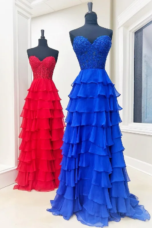 prom dresses for winterRoyal Blue Chiffon Sweetheart Ruffle Tiered Long Prom Dress