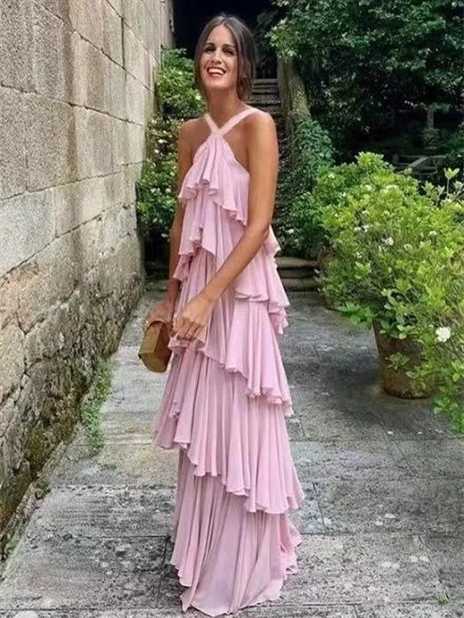 prom dresses for summerRuffled Pink Cake Dresses, A-line Chiffon Prom Dresses, Beachy Prom Dresses, Newest Prom Dresses