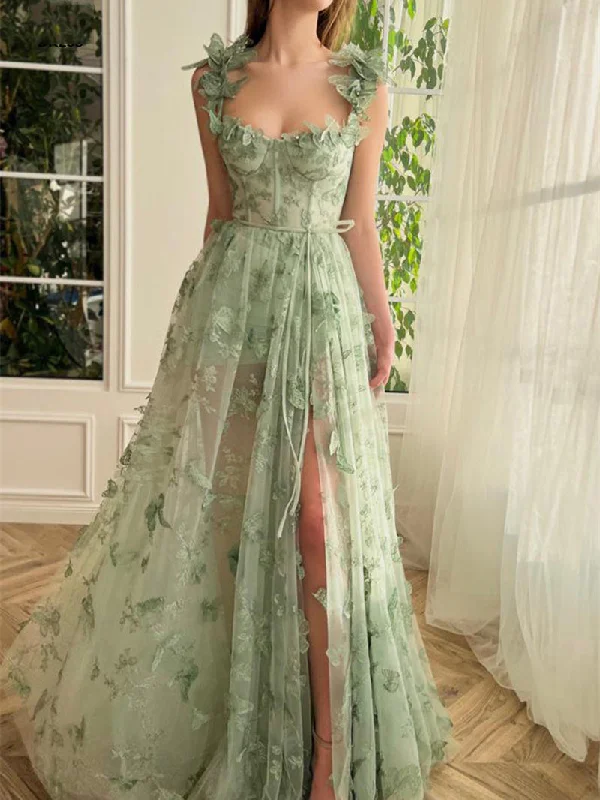 prom dresses for springSage Green 3D Butterfly Lace Prom Dresses, Side Slit Prom Dresses, A-line Prom Dresses, Newest Prom Dresses