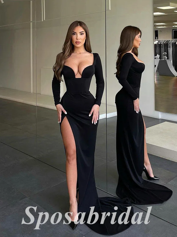 ready-to-wear prom dressesSexy Jersey Long Sleeves V-Neck Side Slit Mermaid Long Prom Dresses,PD3660