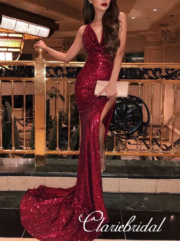 long prom dressesSexy Long Mermaid Red Sequin Prom Dresses, Side Slit Prom Dresses, Long Prom Dresses, Affordable Prom Dresses