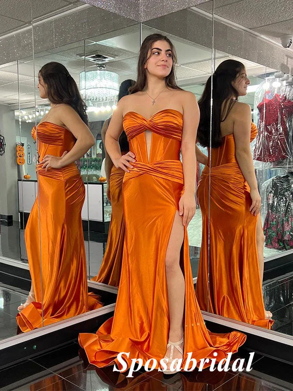 floral prom dressesSexy Orange Soft Satin Sweetheart Side Slit Mermaid Long Prom Dresses, PD3764