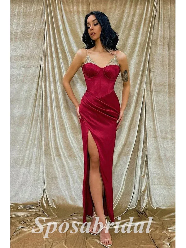 mid-length prom dressesSexy Satin Spaaghetti Straps V-Neck sleeveless Side Slit Mermaid Long Prom Dresses,PD3646