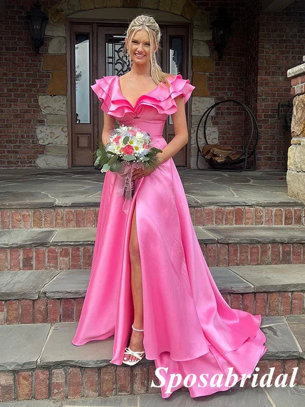 high-low prom dressesSexy Satin Spaghetti Straps V-Neck Sleeveless Side Slit A-Line Long Prom Dresses, PD3739