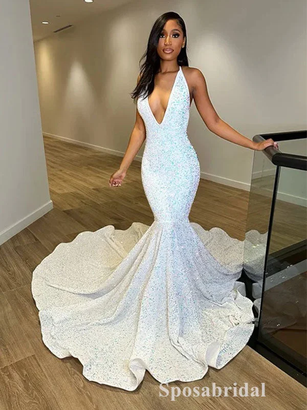 halter prom dressesSexy Sequin V-Neck Sleeveless Lace Up Back Mermaid Long Prom Dresses,PD3714