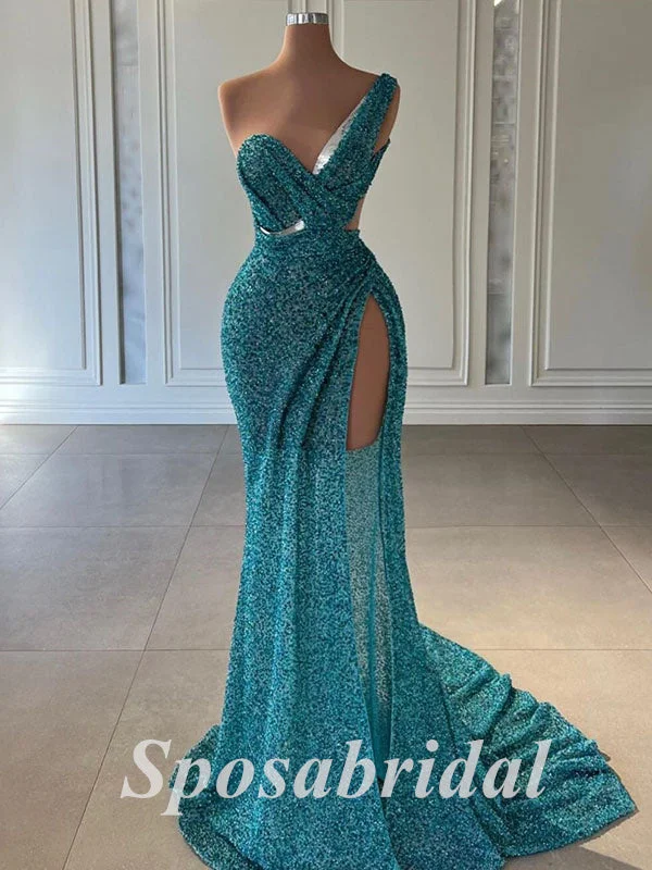 tulle prom dressesSexy Tulle And Sequin Lace One Shoulder V-Neck Sleeveless Side Slit Mermaid Long Prom Dresses,PD3686