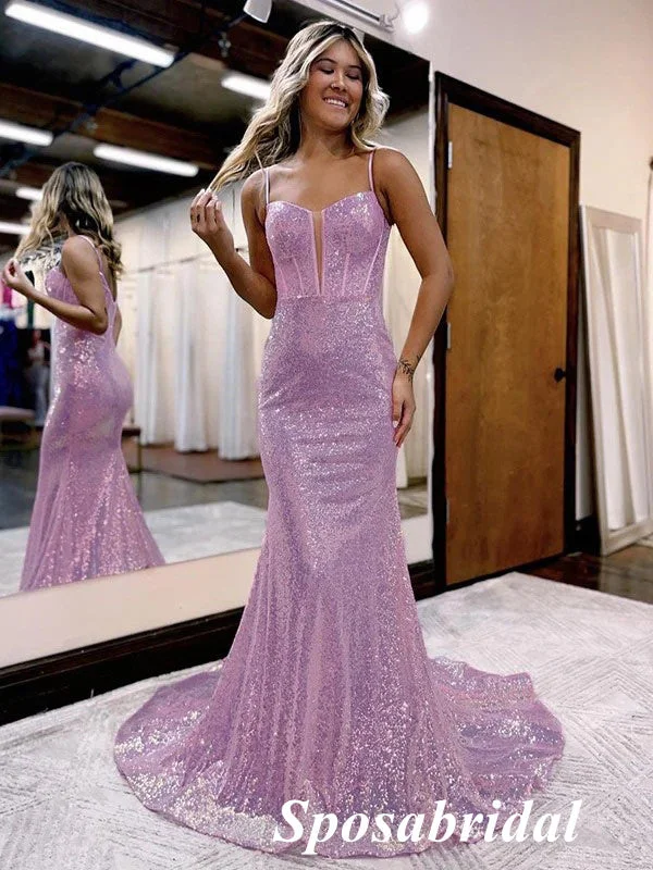 metallic prom dressesShiny Charming Spaghetti Straps Mermaid Long Prom Dresses, PD3761