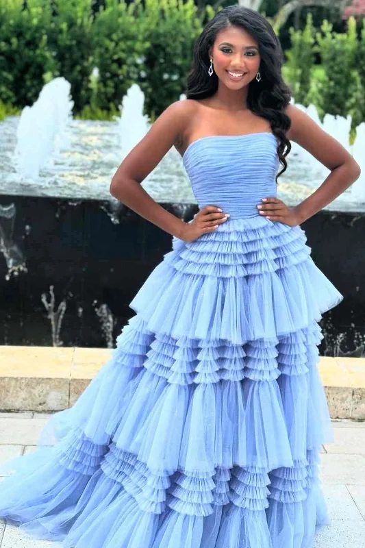 modern prom dressesSky Blue Strapless A-Line Tiered Tulle Prom Dress with Slit