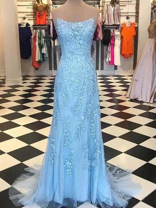 halter neck prom dressesSpaghetti Long Sheath Light Blue Lace Prom Dresses, Long Prom Dresses, Prom Dresses