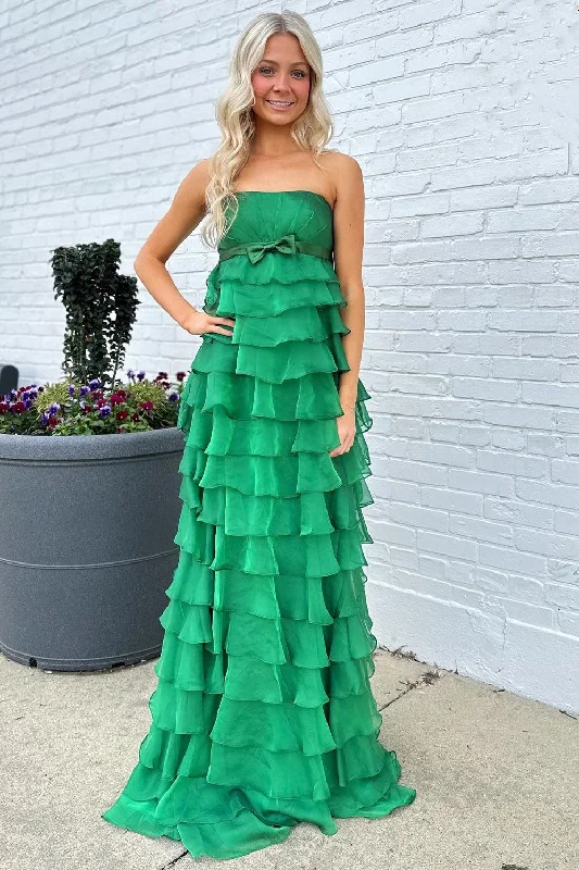 prom dresses for pear shapesStrapless High-Waist Ruffle Tiered Long Prom Dress with Bow