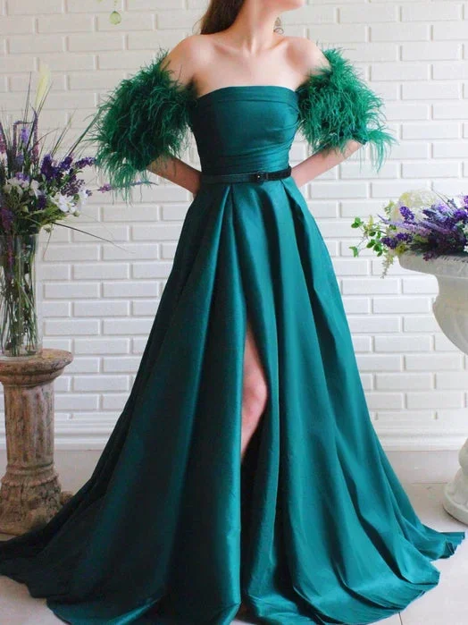 classic prom dressesStrapless Long A-line Satin Prom Dresses With Feather Sleeves, Side Slit Prom Dresses, Newest Prom Dresses