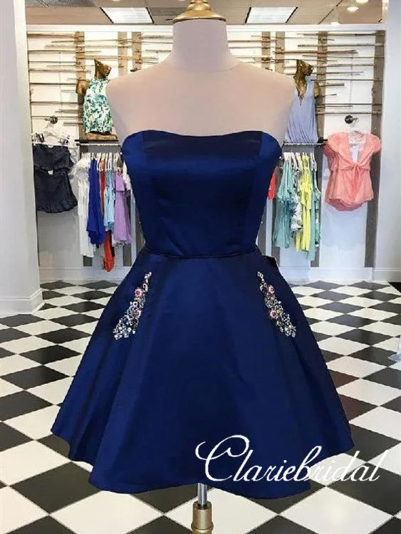 tulle prom dressesStrapless Navy Satin Short Prom Dresses WIth Pocket, Homecoming Dresses