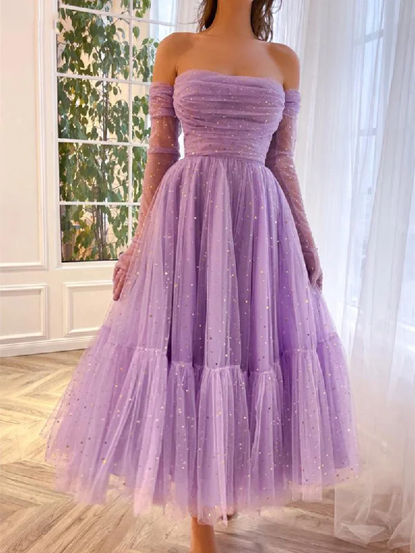 prom dress shopping tipsStrapless Purple Star Glitter Tulle Prom Dresses, Ruffled Prom Dresses, 2023 Prom Dresses