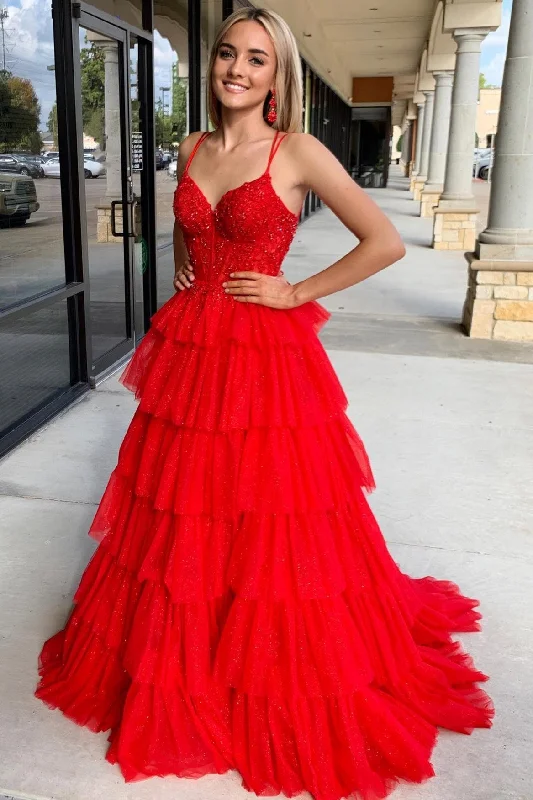 thigh-high slit prom dressesTiered Ruffle Appliques Corset Long Prom Dress with Spaghetti Straps